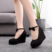 Ankle Strap Black Wedge Shoes with Bow - Thumbnail 1