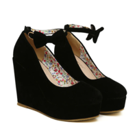 Ankle Strap Black Wedge Shoes with Bow - Thumbnail 2