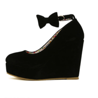 Ankle Strap Black Wedge Shoes with Bow - Thumbnail 4