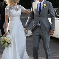 A Line Chiffon Wedding Dresses Crew Neck Beading Crystals Tea Length Bridal Gowns - Thumbnail 1