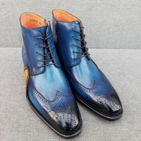 Men Blue Wing Tip Brogue Round Toe Lace Up High Ankle Dress Leather Boots - Thumbnail 1