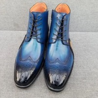 Men Blue Wing Tip Brogue Round Toe Lace Up High Ankle Dress Leather Boots - Thumbnail 2
