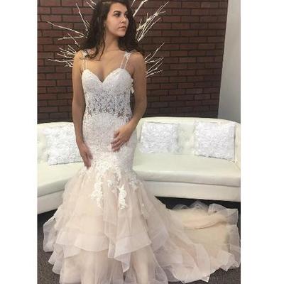 Mermaid wedding dresses spaghetti backless sweep train appliques garden country chapel bridal gowns