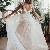 Elegant Wedding Dresses Full Lace V-Neck Sleeveless Floor length A Line V-Back Bridal Giwns Vestido De Novia - Thumbnail 1