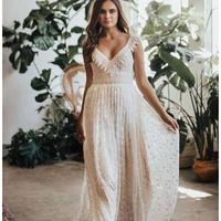 Elegant Wedding Dresses Full Lace V-Neck Sleeveless Floor length A Line V-Back Bridal Giwns Vestido De Novia - Thumbnail 2