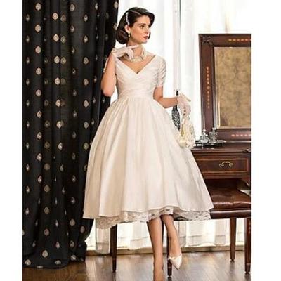 Tea length generous wedding dresses short seeves v neck lace satin bridal wedding gowns custom made wedding party dress