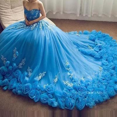 Sky blue lace sweep train new design ball gown wedding dresses sweetheart lace-up empire tulle tiered skirts hand made flowers gowns