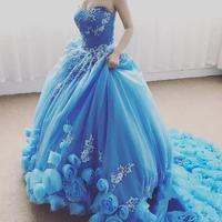 Sky Blue Lace Sweep Train New Design Ball Gown Wedding Dresses Sweetheart Lace-up Empire Tulle Tiered Skirts Hand Made Flowers Gowns - Thumbnail 2