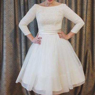 Boho ivory short wedding dresses knee length vintage 3/4 long sleeves scoop neck pleats lace country beach bridal gown plus size