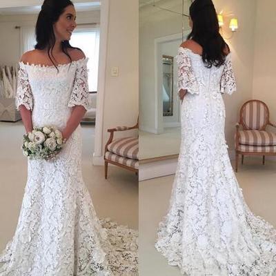 Vintage bohemian a line beach wedding dresses off the shoulder full lace half long sleeves country style bridal gowns
