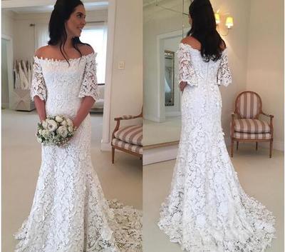 Vintage Bohemian A Line Beach Wedding Dresses Off The Shoulder Full Lace Half Long Sleeves Country Style Bridal Gowns