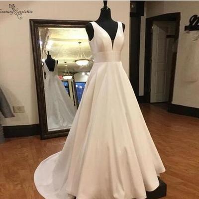Ivory satin wedding gowns a-line backless v-neck sweep train bride dress