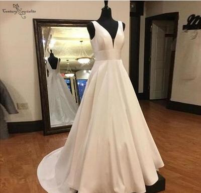 Ivory Satin Wedding Gowns A-Line Backless V-Neck Sweep Train Bride Dress