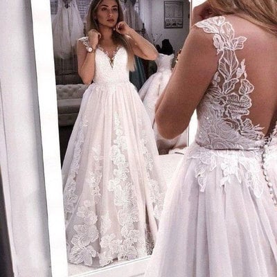 V neck wedding dresses with appliques lace - Thumbnail 5