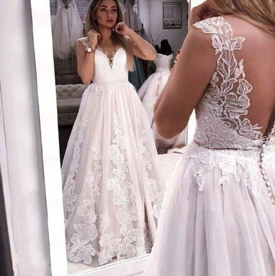 V Neck Wedding Dresses with Appliques Lace