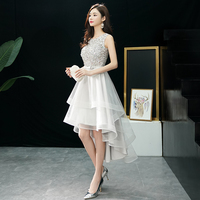 Gray tulle beads high low prom dress  - Thumbnail 1