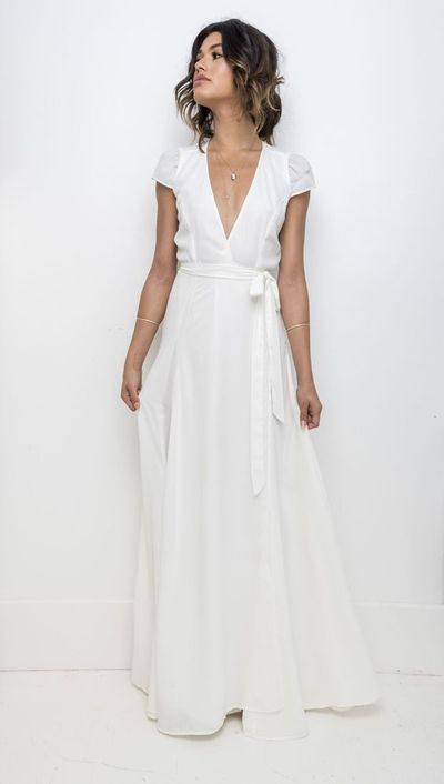 Simple Wedding Gowns A-Line Cap Sleeve V Neck Bride Dresses