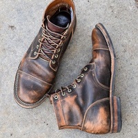 Handmade Men’s Tan Brown Color Lace Up Boots, Distress Leather High Ankle Cap Toe Boots - Thumbnail 1