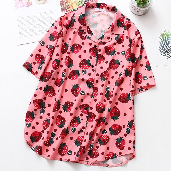 Strawberry Button Up Shirt (Pink 