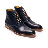 Men's Handmade Blue Leather Ankle High Boots, Mens Fashion Lace up Chukka Boots - Thumbnail 4