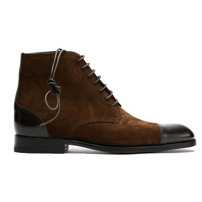 Handmade men's ankle high brown leather & suede lace up boot, men cap toe boots - Thumbnail 3