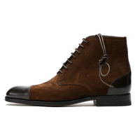 Handmade Men's Ankle High Brown Leather & Suede Lace Up Boot, Men Cap Toe boots - Thumbnail 4
