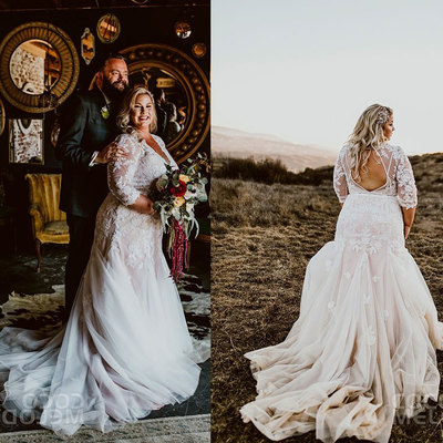 Plus size open back mermaid wedding dresses bridal gown with appliques - Thumbnail 3