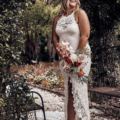 Halter lace slit ankle length wedding dresses bridal gown - Thumbnail 5