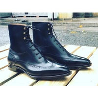 Handmade Men's Navy Blue Wingtip Brogue Dress Boots, Men Ankle High Leather Boot - Thumbnail 4