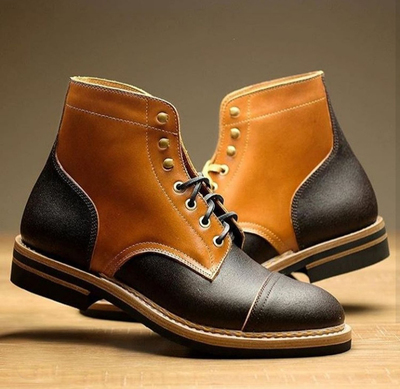Handmade Men's Ankle High Boot, Men Tan Brown Black Leather Cap Toe Lace Up Boot