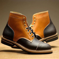 Handmade Men's Ankle High Boot, Men Tan Brown Black Leather Cap Toe Lace Up Boot - Thumbnail 4