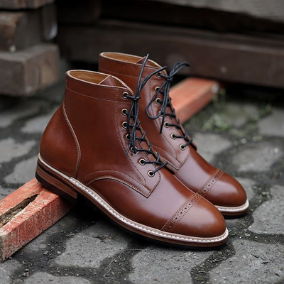 Handmade men’s ankle high leather boots, men’s brown cap toe brogue lace up boot - Thumbnail 2