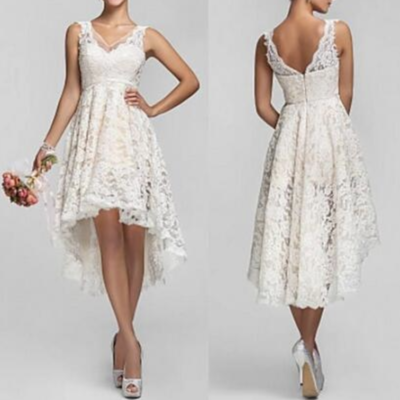 Beach short lace wedding dresses with v neck backless a line high low hot custom made charming beach garden ivory bridal gowns,413 - Thumbnail 5