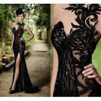 High Neck Black Mermaid Prom Dresses High Slit Applique Bling Bling Evening Gowns,415 - Thumbnail 1