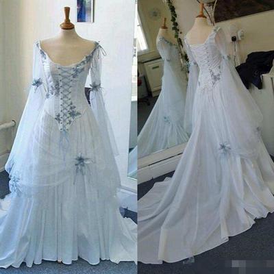 Vintage celtic wedding dresses white and light grey colorful medieval bridal gowns scoop neckline corset long bell sleeves appliques flowers,417 - Thumbnail 3
