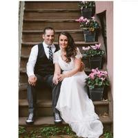 Lace Short Cap Sleeve A Line Wedding Dresses Simple Chiffon Sweep Train V Neck Bridal Gown Button Back Pleats Boho Beading Belt,418 - Thumbnail 1