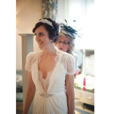 Lace short cap sleeve a line wedding dresses simple chiffon sweep train v neck bridal gown button back pleats boho beading belt,418 - Thumbnail 2