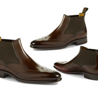 Men's Handmade Fashion wing Tip Brogue Leather Boots, Men Brown Chelsea Boots - Thumbnail 4