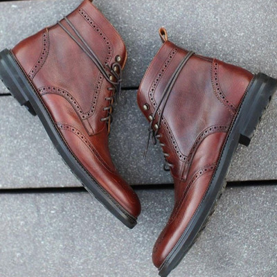 Handmade men's wing tip brogue leather boots, men brown ankle high lace up boots - Thumbnail 3