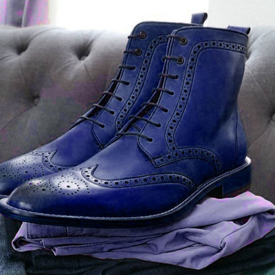 New handmade men's wing tip brogue leather boot,men blue ankle high lace up boot - Thumbnail 3