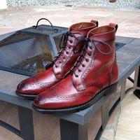Handmade Burgundy Wing Tip Brogue Leather Boots, Men Ankle High Designer Boots - Thumbnail 4