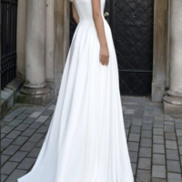 A Line Satin Wedding Dresses Crew Neck Lace Bridal Gowns,421 - Thumbnail 1