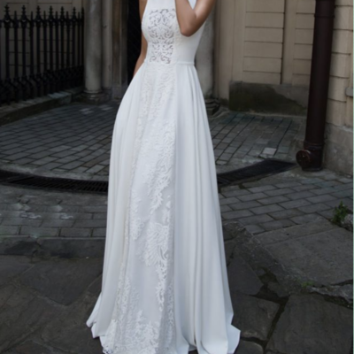 A line satin wedding dresses crew neck lace bridal gowns,421 - Thumbnail 4