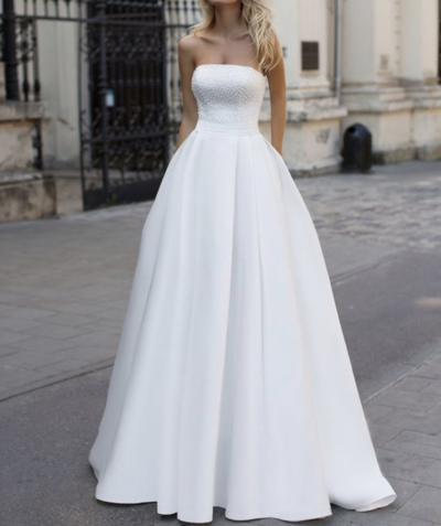 Beach Bohemian Wedding Dresses A Line Satin Pearls Bodice Bridal Gowns,425