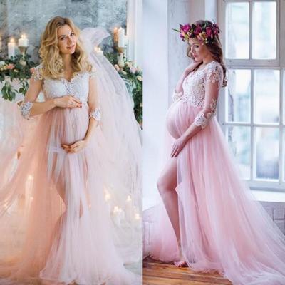 Formal pink a line wedding dresses maternity pregnancy styles bridal gowns sheer long sleeves v-neck appliques split bridal gowns,426 - Thumbnail 4