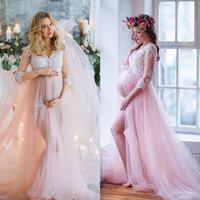 Formal Pink A Line Wedding Dresses Maternity Pregnancy Styles Bridal Gowns Sheer Long Sleeves V-Neck Appliques Split Bridal Gowns,426 - Thumbnail 1