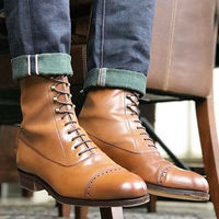 Handmade Men's Tan Leather Ankle Boots, Men Dress Formal Lace Up Casual Boots - Thumbnail 1