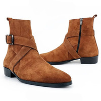 Handmade Men's Tan Ankle High Jodhpurs Side Zipper Suede Stylish Boots - Thumbnail 4