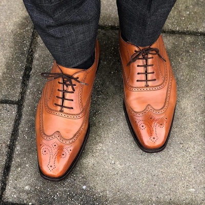Handmade men’s tan color leather shoes, men wing tip brogue dress formal shoes