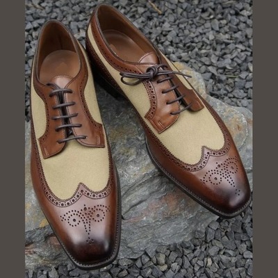Men’s handmade brown beige wing tip brogue shoes, men leather suede dress shoes
